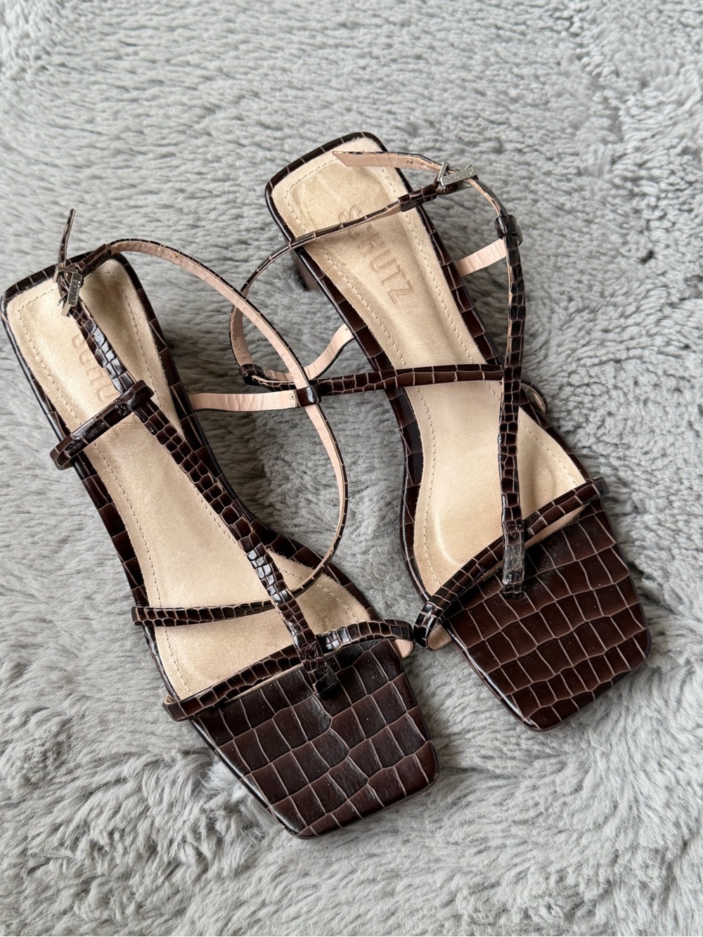 SCHUTZ Dark Brown Croc-Embossed Strappy Heeled Sandals